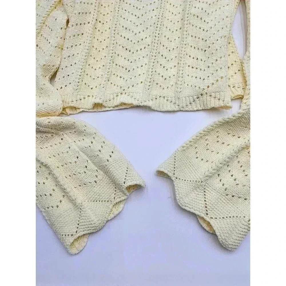 Elodie Women's Size L Baby Yellow Pointelle Bell Sleeve Sweater - Picture 7 of 9